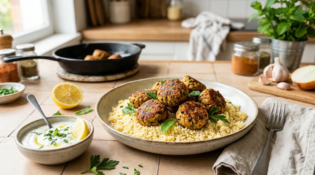 Boulettes de protéines de soja façon kefta, sauce yaourt & semoule