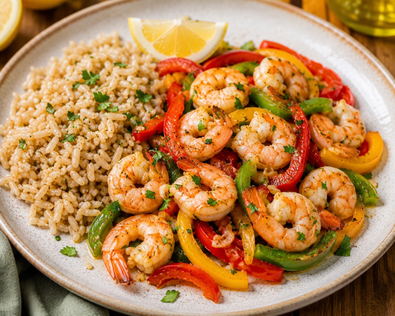 Poêlée de crevettes, poivrons et riz complet