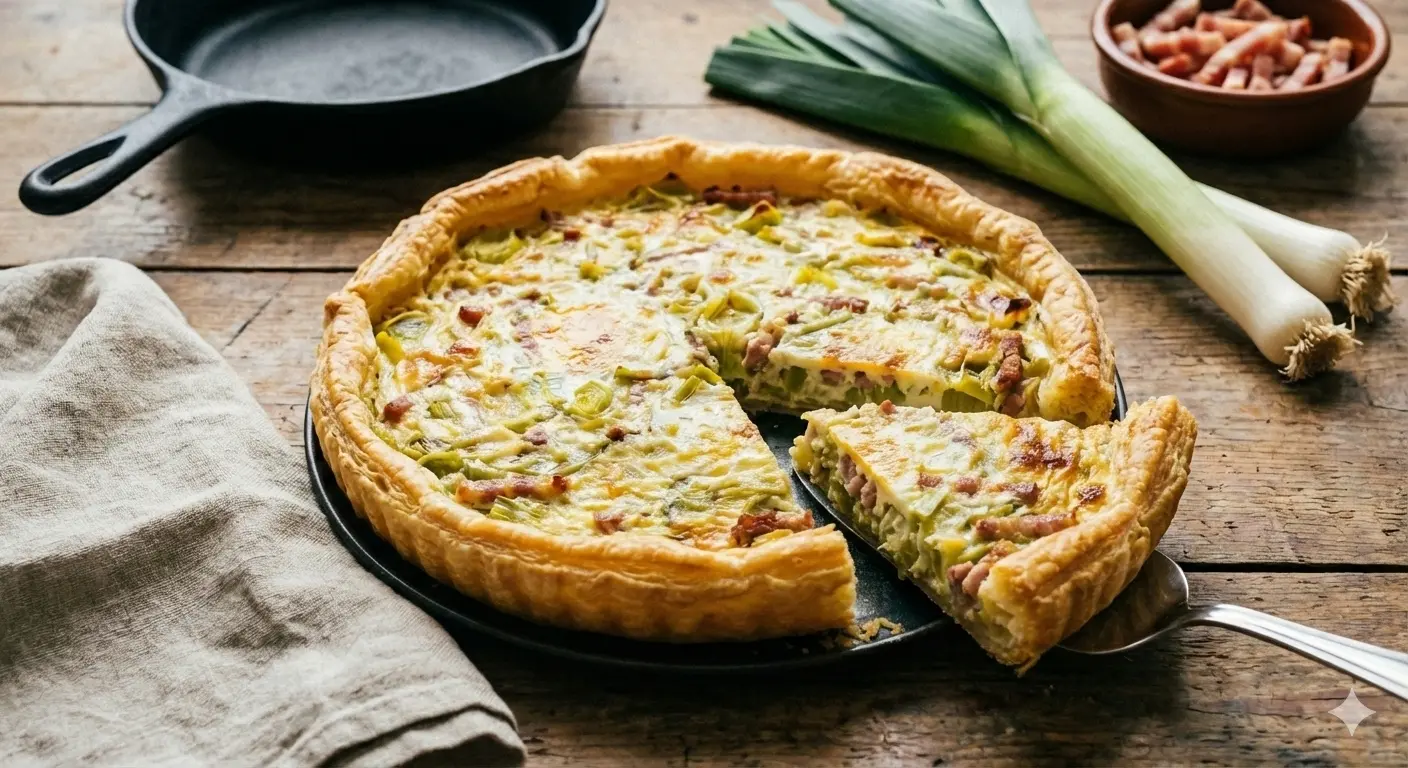 Image de la recette Tarte aux poireaux et lardons