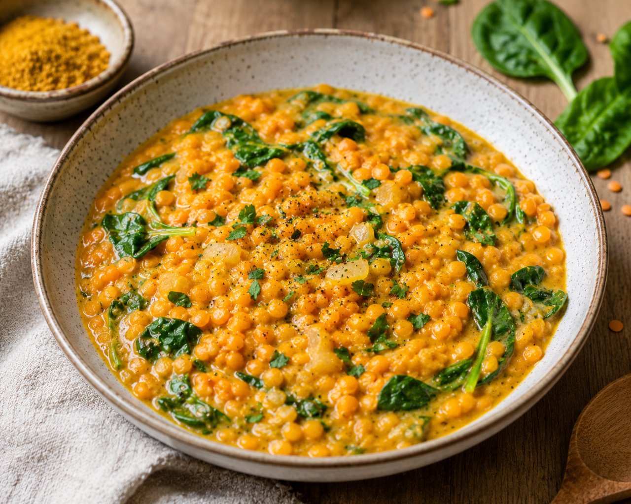 Lentilles corail au curry et épinards