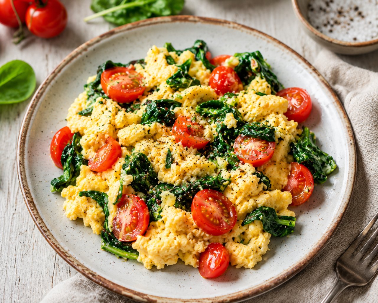 Œufs brouillés aux épinards et tomates
