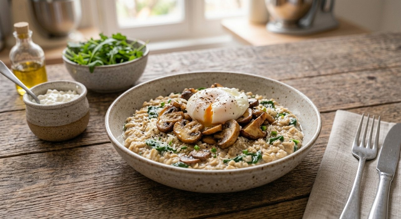 Porridge salé crémeux aux champignons & œuf