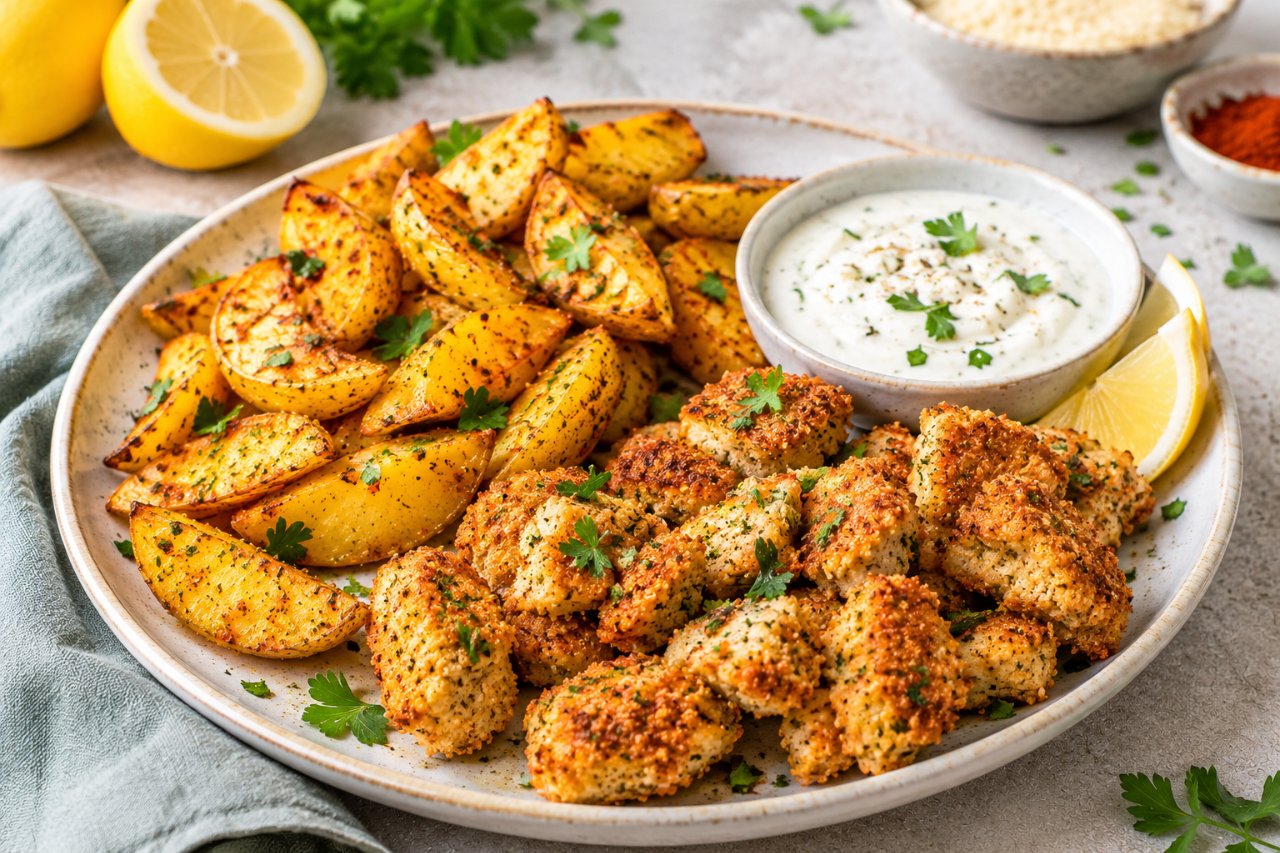 Image de la recette Poulet croustillant parmesan et pommes de terre au air fryer