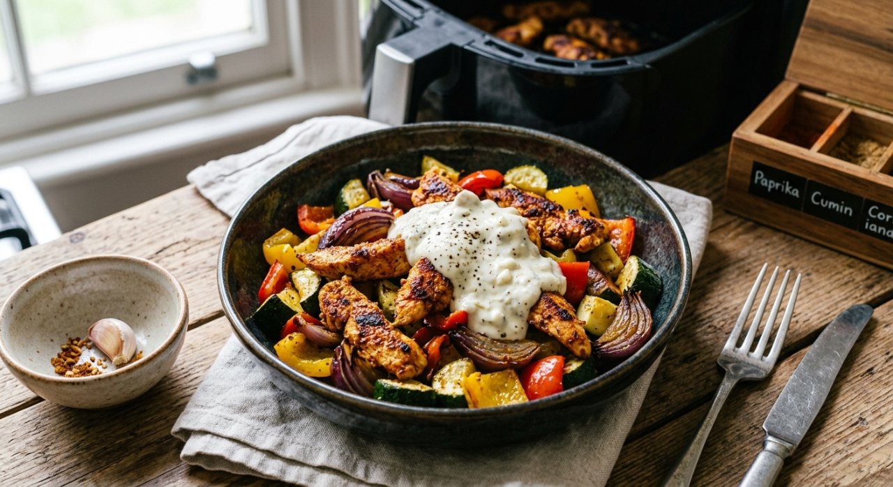 Image de la recette Poulet façon shawarma, légumes rôtis & sauce à l’ail, à l'air fryer