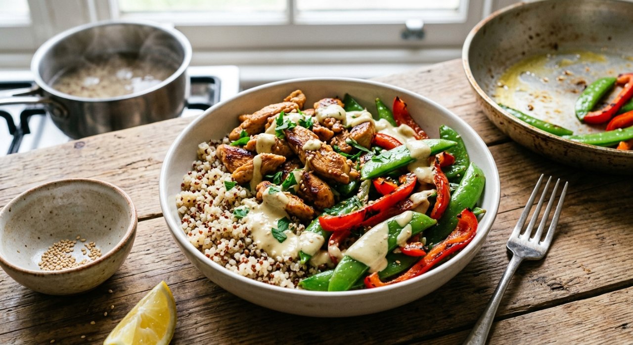 Image de la recette Poêlée de poulet au quinoa express, légumes croquants & sauce citron-tahini