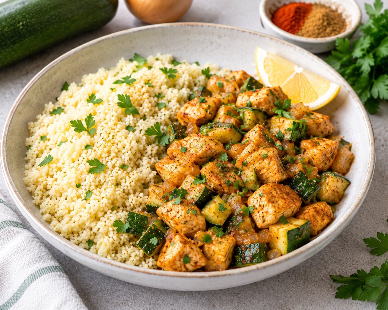 Image de la recette Poulet aux courgettes et semoule parfumée