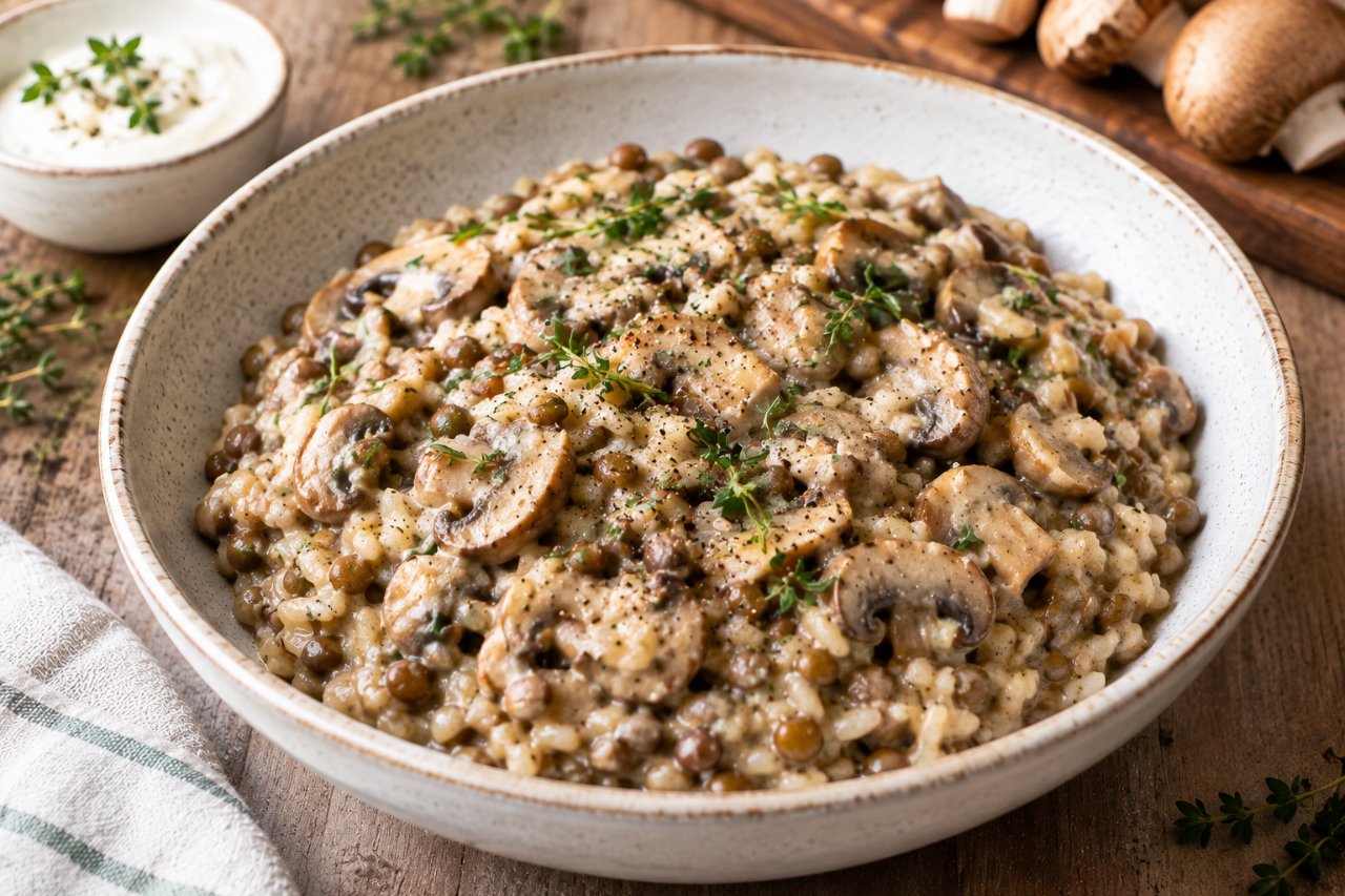Image de la recette Riz crémeux aux champignons et lentilles