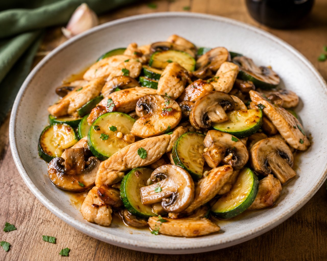 Sauté de dinde, courgettes et champignons