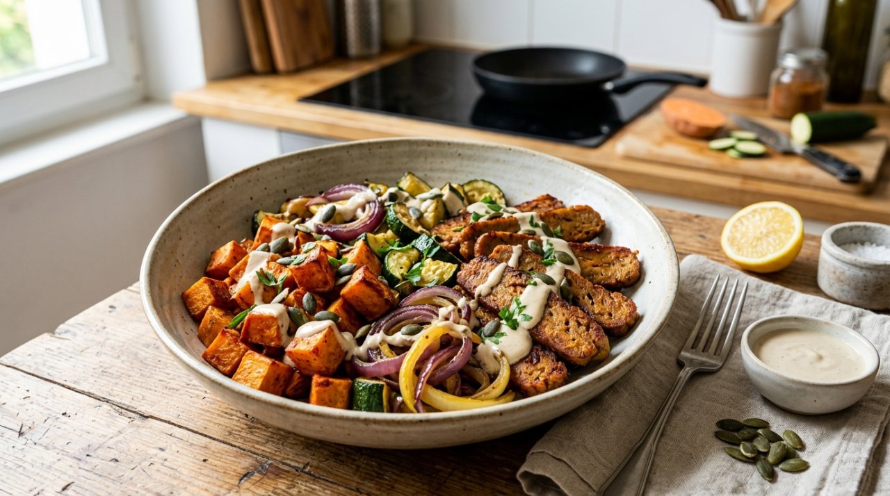 Seitan grillé, patate douce rôtie & sauce tahini citron