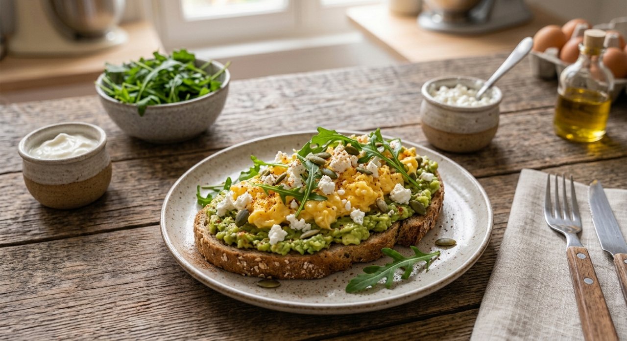 Toast avocat, œufs brouillés & feta